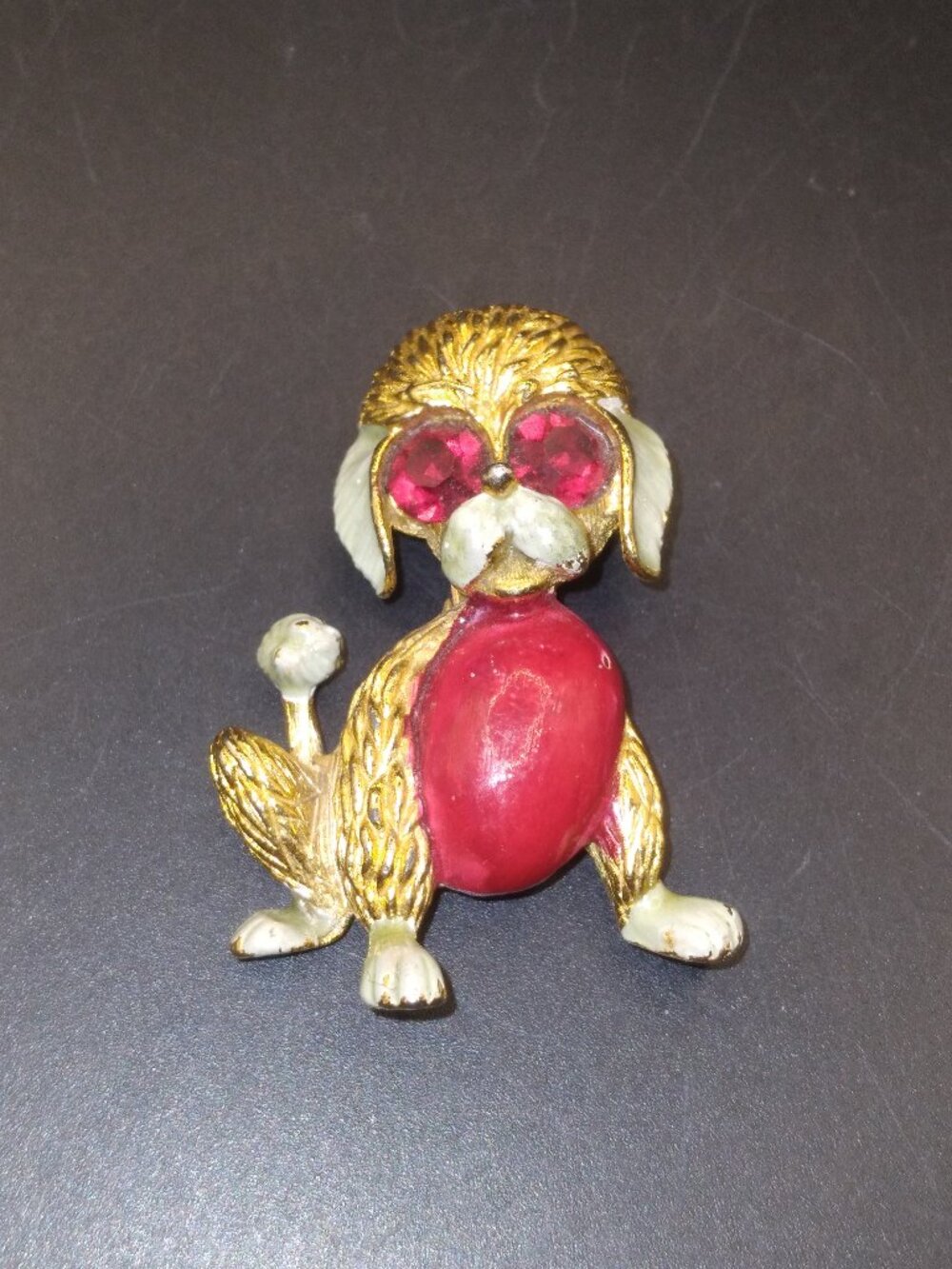 Vintage Red Enamel Poodle Red Rhinestone Eyes Dog